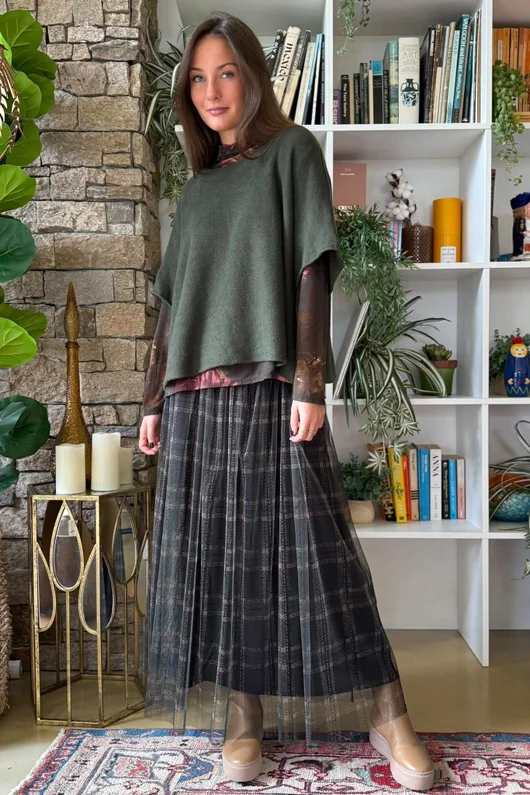 Enid Plaid Tulle Midi Skirt Khaki